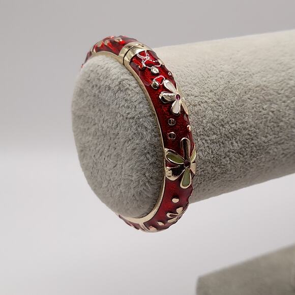 Vintage Jiu Long Xing Cloisonné Bangle Bracelet – Red Enamel Floral - Picture 9 of 10